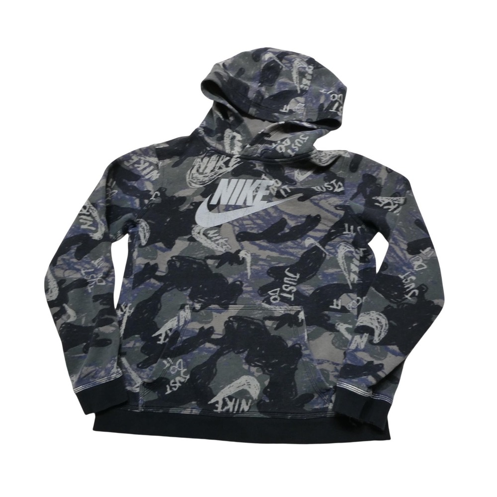 Nike Hoodie Youth XL Gray Pullover Fleece Sweatshirt Camo Just Do It Logo